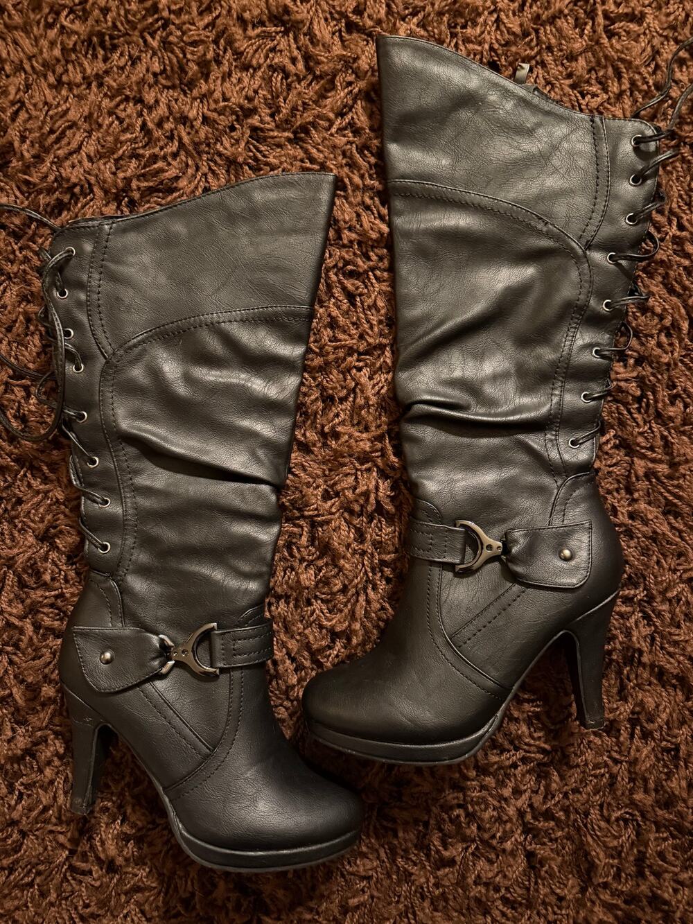 Top Moda Lace Up Black Below the Knee Heeled Boots Size 6
